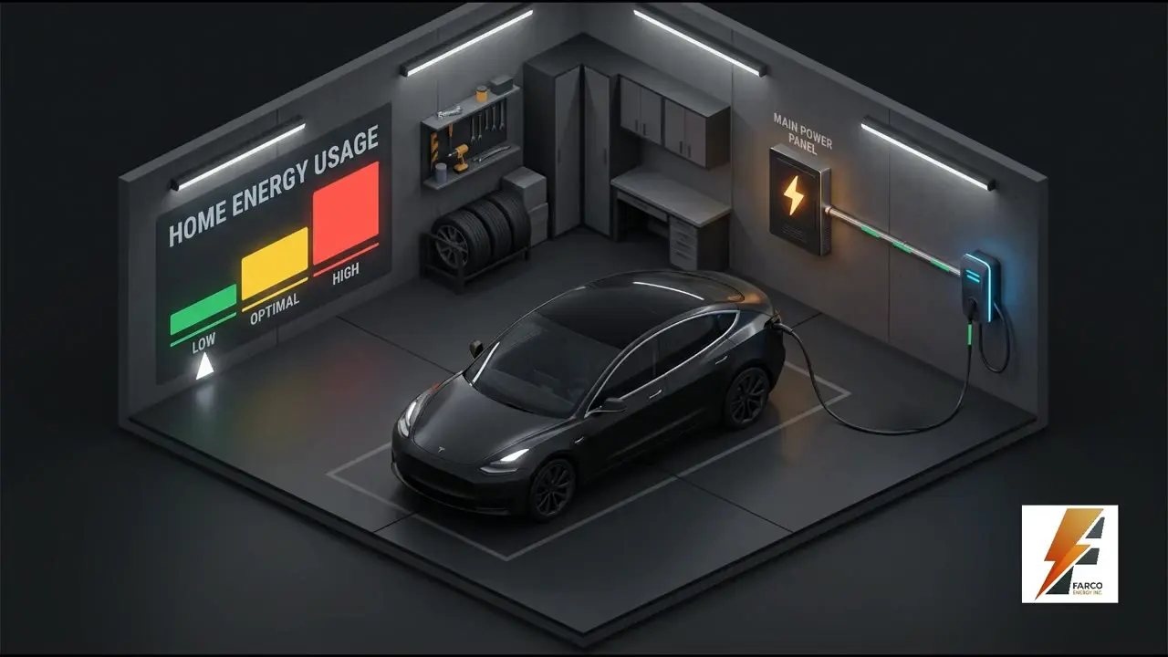 Dynamic Load Balancing animation: home energy meter and EV charger in a garage