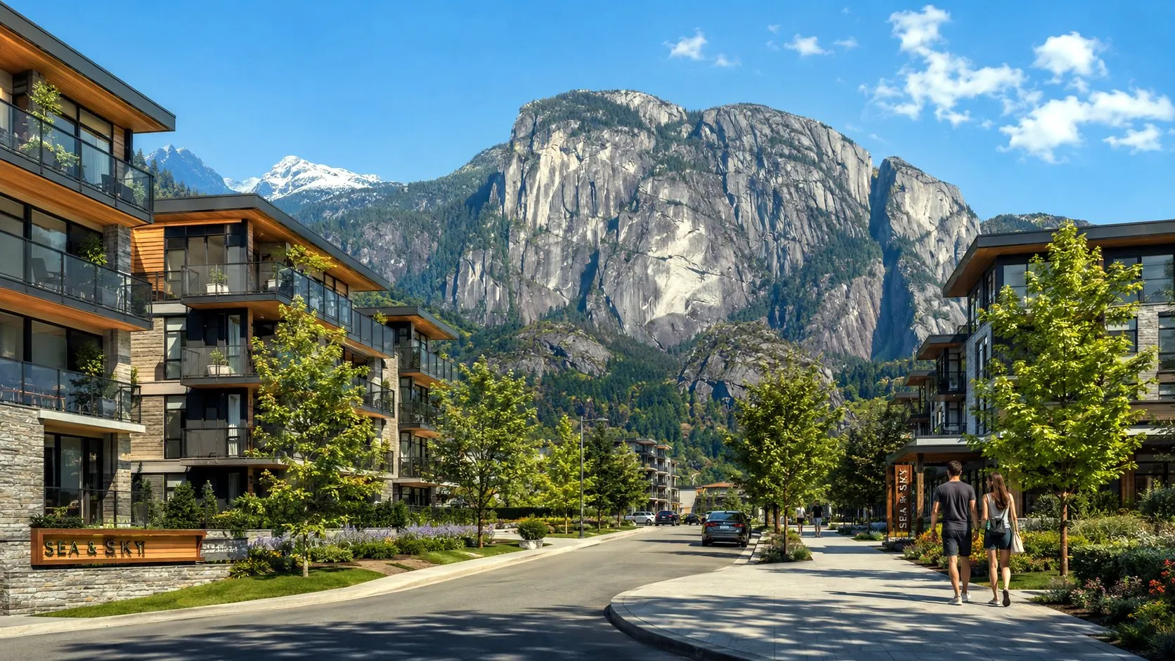 Lowrise strata community beneath a granite mountain