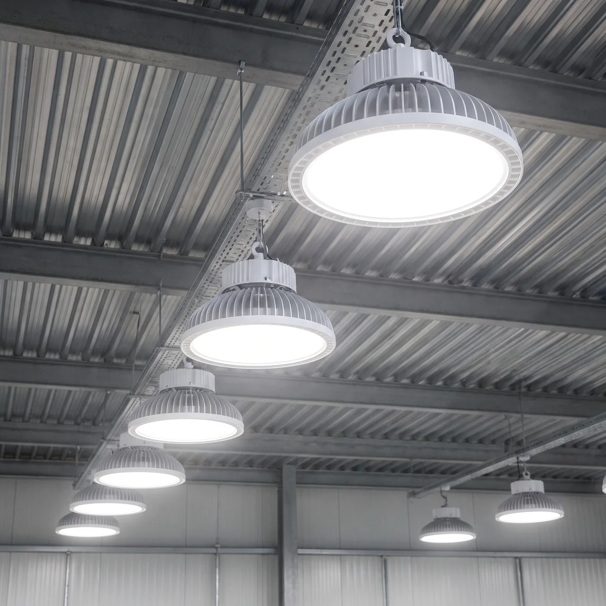Modern energy-efficient LED light fixtures glowing on a clean commercial ceiling
