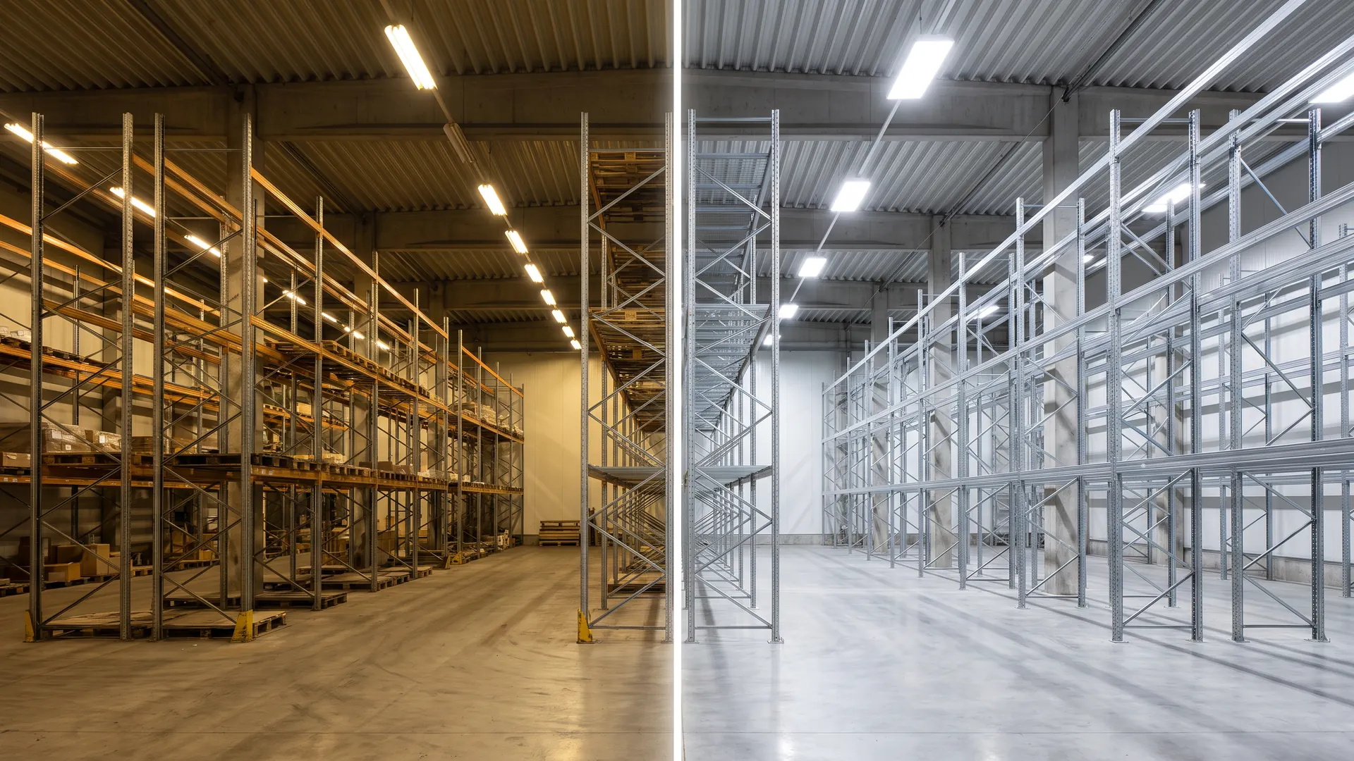Warehouse lighting before and after: old dim fixtures on one side, bright new energy-efficient LED high-bay lights on the other