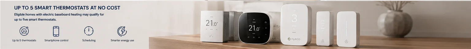 Up to 5 smart thermostats at no cost: a family of smart thermostats on a shelf, with icons for up to 5 thermostats, smartphone control, scheduling, and smarter energy use