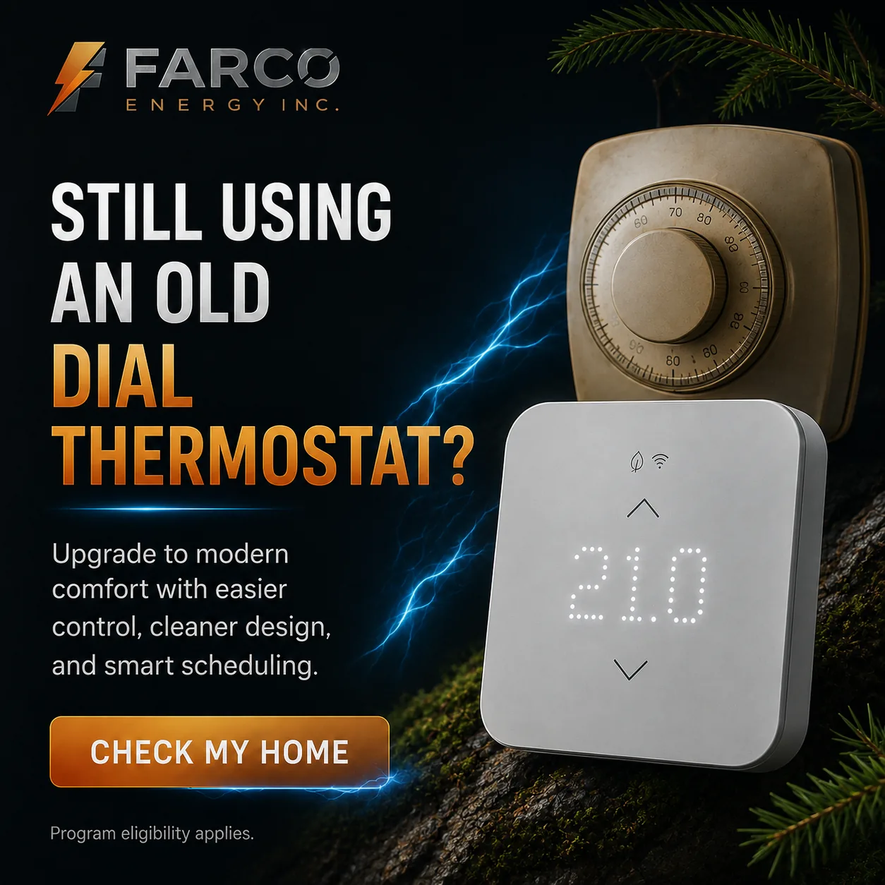 An old dial thermostat next to a modern smart thermostat displaying 21.0 degrees, upgrade with Farco Energy